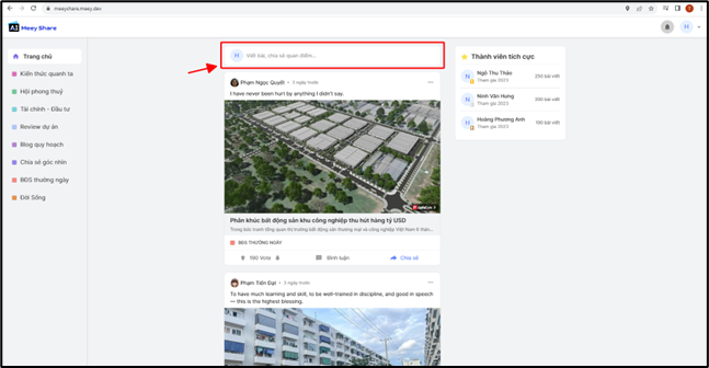  Tính năng viết bài, chia sẻ quan điểm trên trang chủ Meey Share