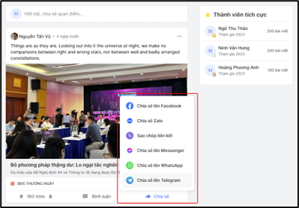Tính năng chia sẻ bài đăng trên giao diện trang